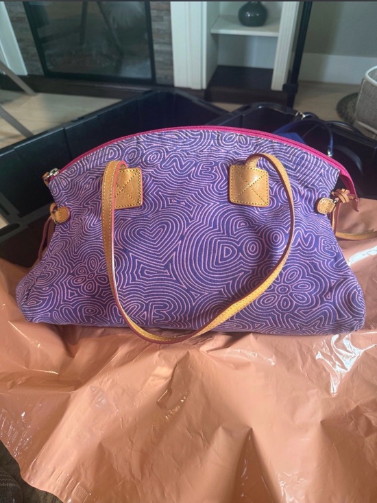 Dooney & Bourke Handbags - Dooney & Bourke Purple Tote with Pink Pattern and Tan Handles